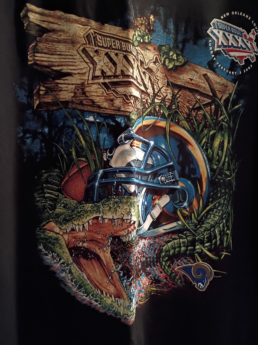 NWOT Vintage Men's Black Tee Blue and Gold Rams Helmet & Green Gator Graphic